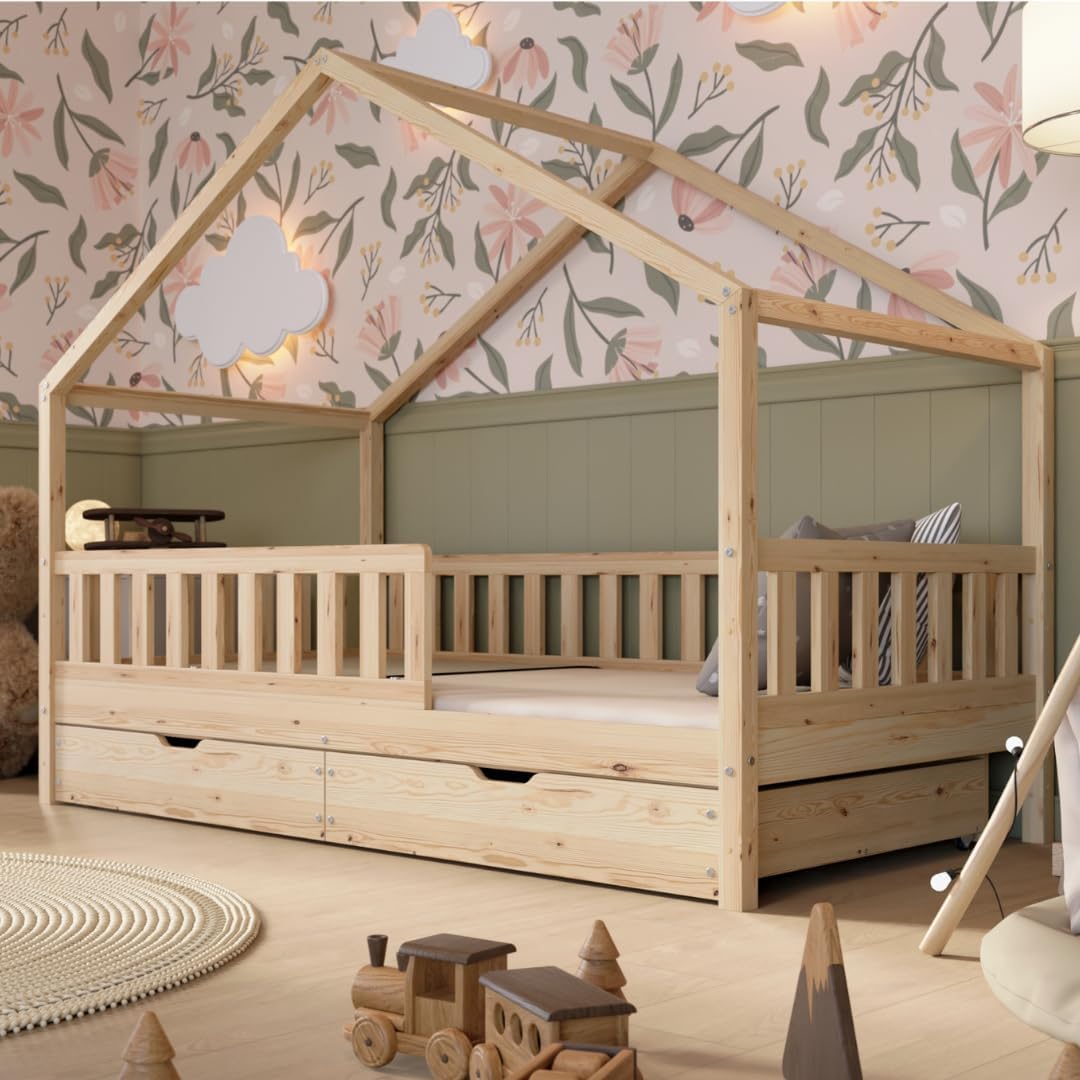 Montessori Hausbett 140x200 cm aus Naturholz mit Schubladen