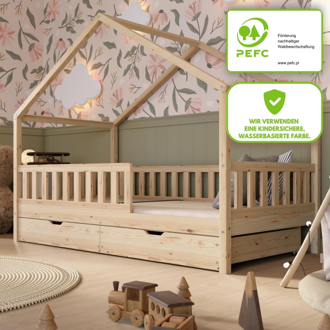 Montessori Hausbett 140x200 cm aus Naturholz mit Schubladen
