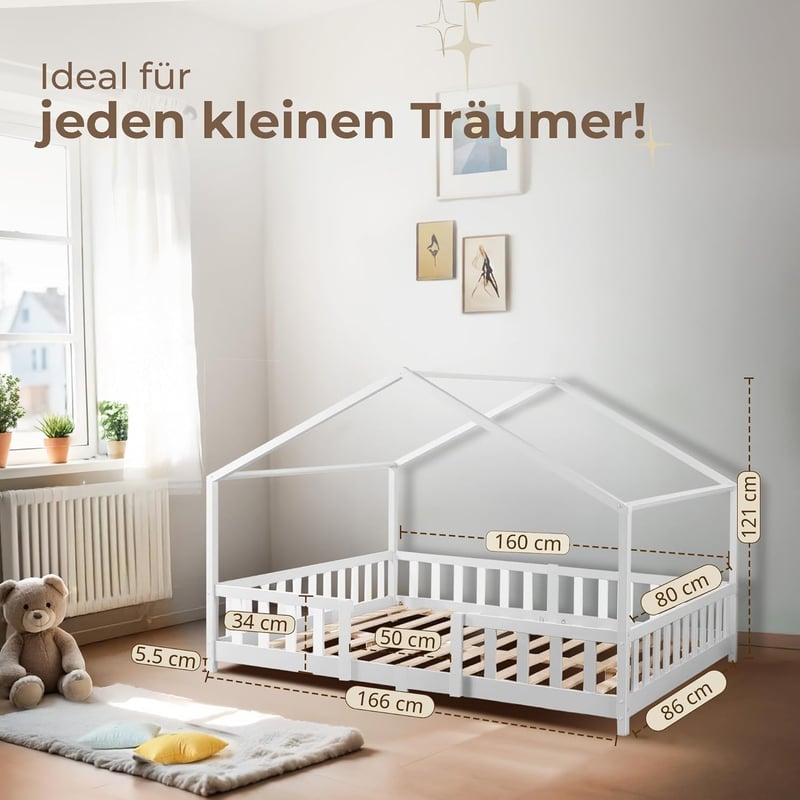 Hausbett Treviolo mit Rausfallschutz 80 x 160 cm aus Kiefernholz Weiß