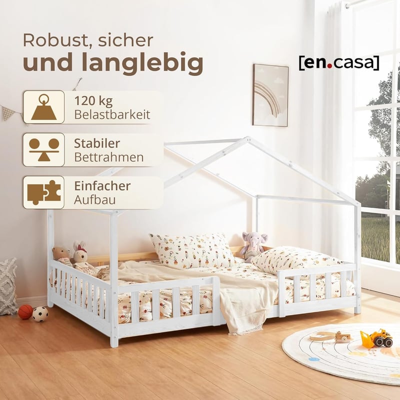 Hausbett Treviolo mit Rausfallschutz 80 x 160 cm aus Kiefernholz Weiß