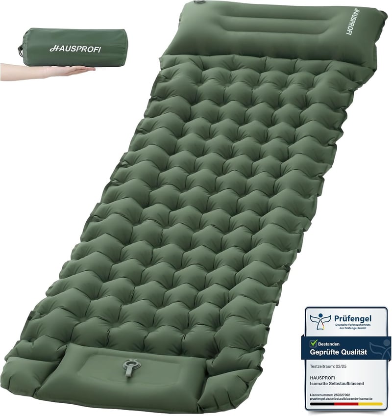 Selbstaufblasende ultraleichte Isomatte für Camping mit Kopfkissen