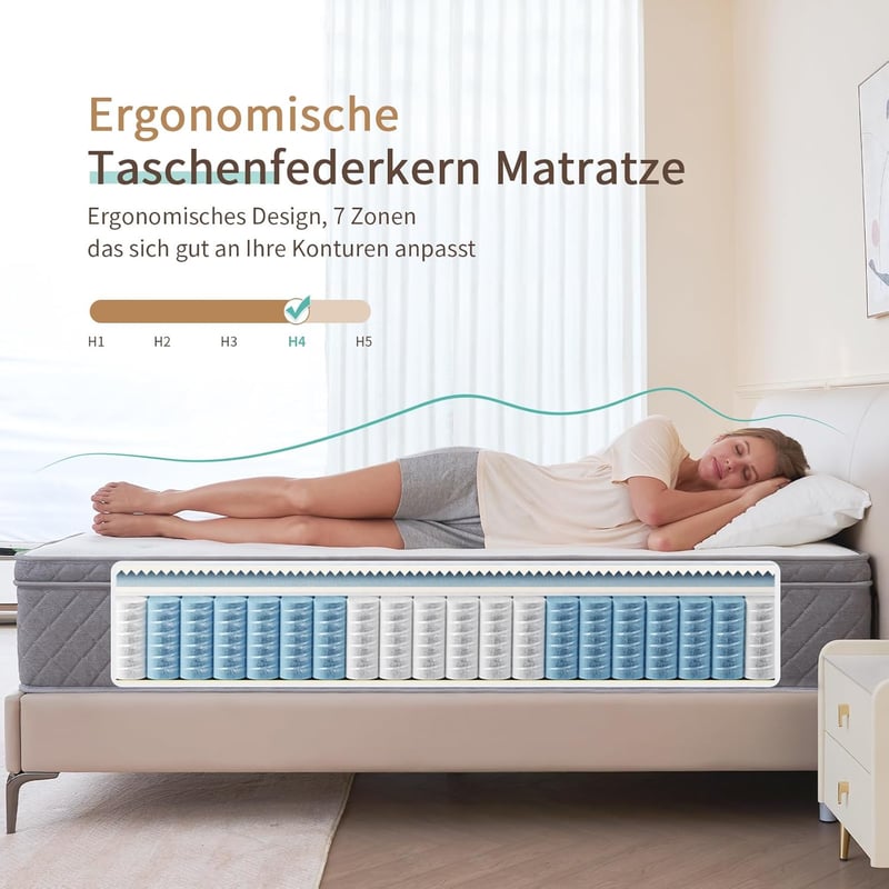 Taschenfederkernmatratze 160x200 cm, 22 cm Höhe, Härtegrad H4, 7 Zonen, Öko-Tex