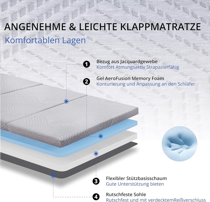 EGO HOME Klappmatratze 65x196 cm, 10 cm hoch, H3 für Reisen und Gäste