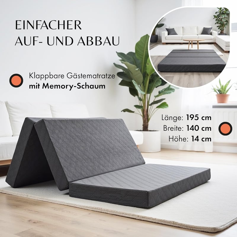 Faltbare Gästematratze 140 x 195 cm, 14 cm dick, waschbarer Bezug