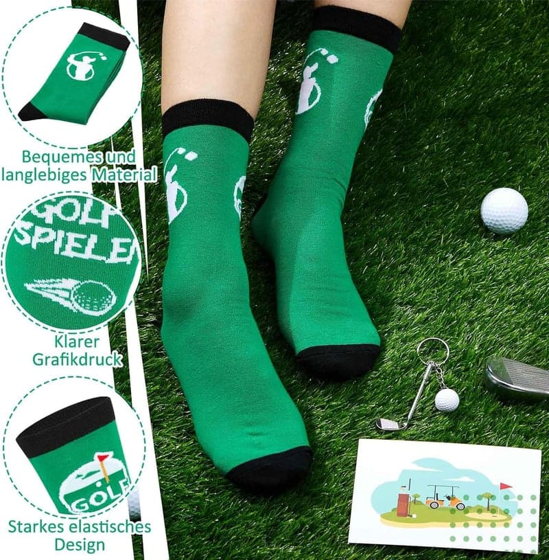 Lustige Golfsocken mit Schlüsselanhänger und Grußkarte für Männer