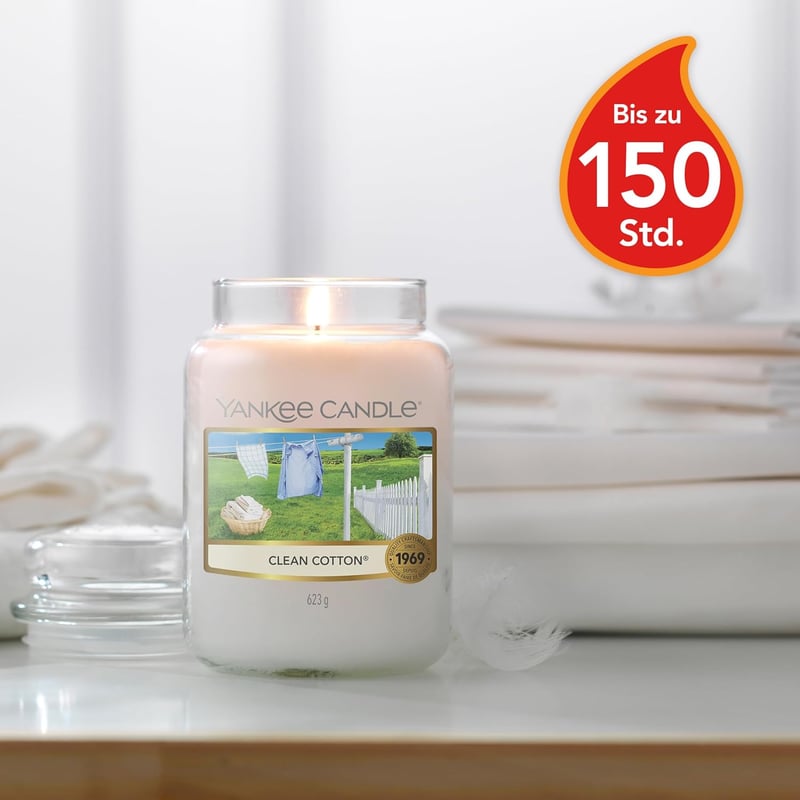 Yankee Candle Duftkerze Clean Cotton mit 150 Stunden Brenndauer für Frauen