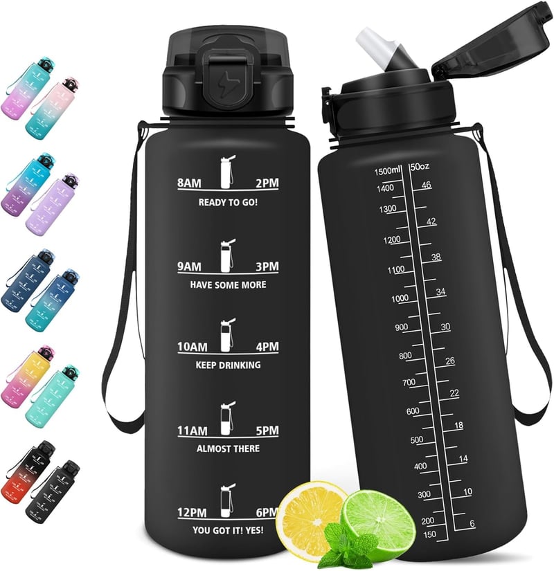 Sportliche 1,5L Auslaufsichere Trinkflasche mit Strohhalm und Zeitmarkierung