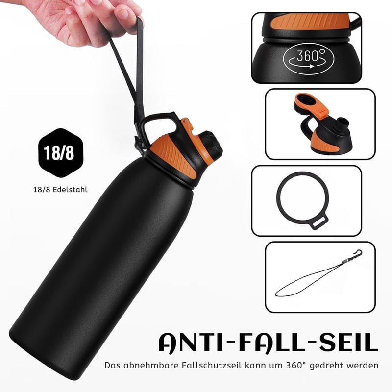 Edelstahl-Trinkflasche mit magnetischem Deckel, BPA-frei, 1,5L, für Sport und Schule