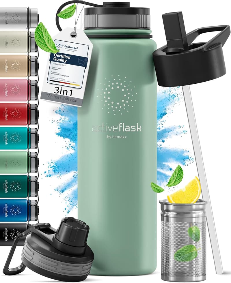 Edelstahl-Trinkflasche ACTIVE FLASK mit Strohhalm - BPA-frei, isoliert, auslaufsicher