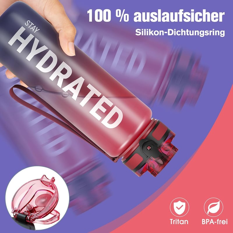 Sahara Sailor Auslaufsichere Trinkflasche mit Zeitmarkierung, BPA-frei, 1L/500ML/750ML