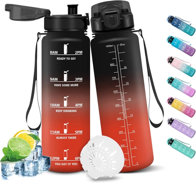 Auslaufsichere 1L Trinkflasche mit Zeitmarkierung und Filter für Sport und Outdoor