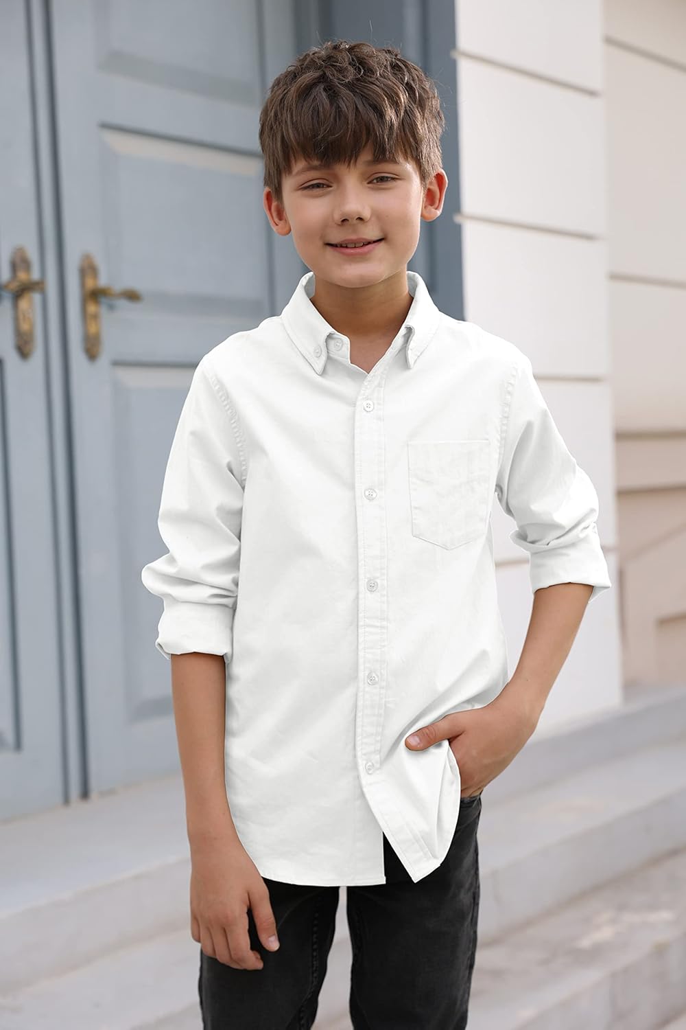 Einfarbiges Baumwollhemd für Jungen mit Brusttasche - Casual Longsleeve