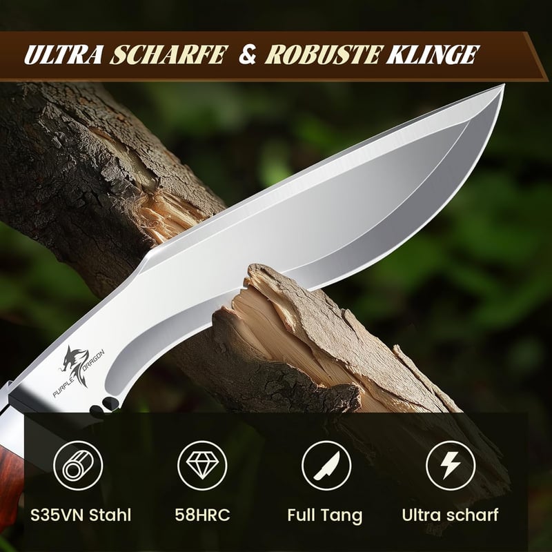Purple Dragon Survival Messer mit feststehender Klinge und Lederscheide