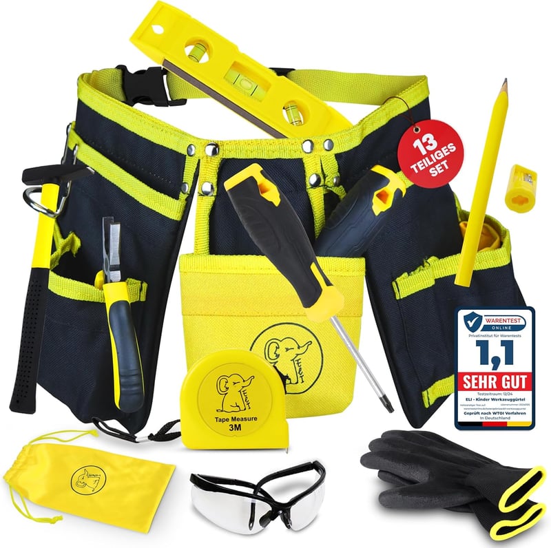 Eli® Werkzeuggürtel Set für Kinder ab 6 Jahren – echtes Werkzeug mit Hammer und Schutzbrille