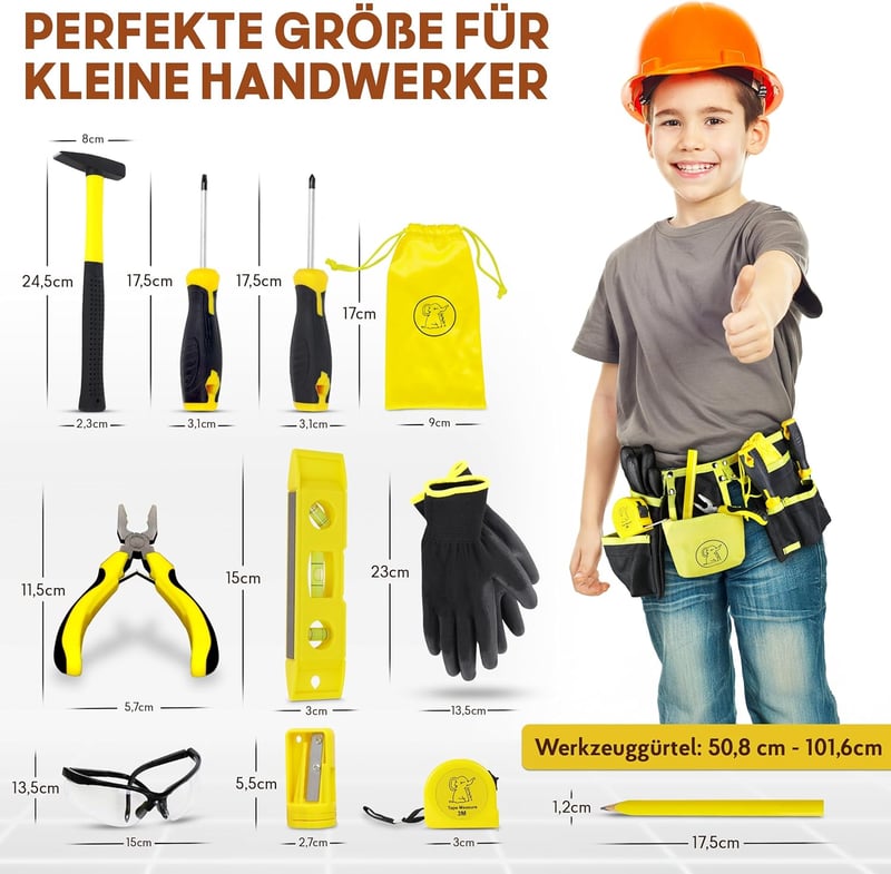 Eli® Werkzeuggürtel Set für Kinder ab 6 Jahren – echtes Werkzeug mit Hammer und Schutzbrille