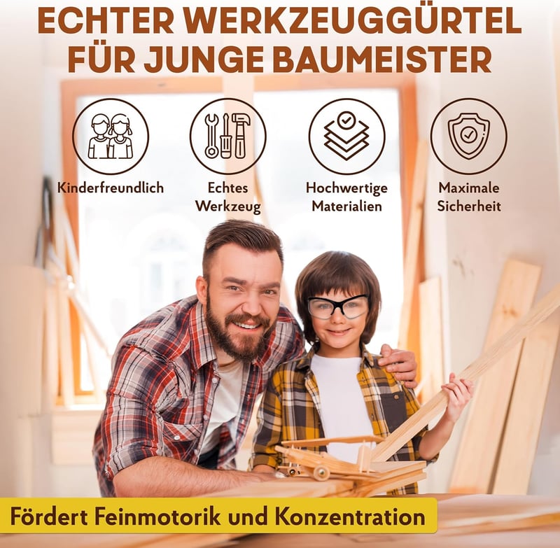 Eli® Werkzeuggürtel Set für Kinder ab 6 Jahren – echtes Werkzeug mit Hammer und Schutzbrille