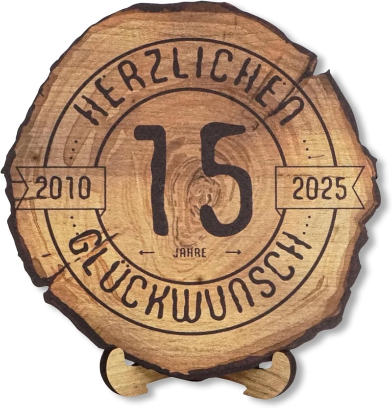 Jubiläumsgeschenk 15 Jahre - Holzscheibe 20 cm - DARO Design