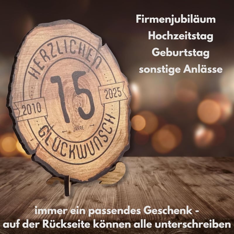 Jubiläumsgeschenk 15 Jahre - Holzscheibe 20 cm - DARO Design