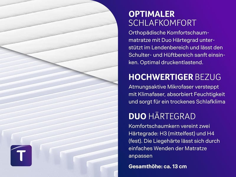 Orthopädische 7-Zonen Komfortschaummatratze 90x200 cm, Härtegrad 3/4