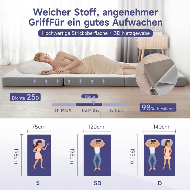Faltbare Schaumstoff Gästematratze 120×195 cm mit waschbarem Bezug