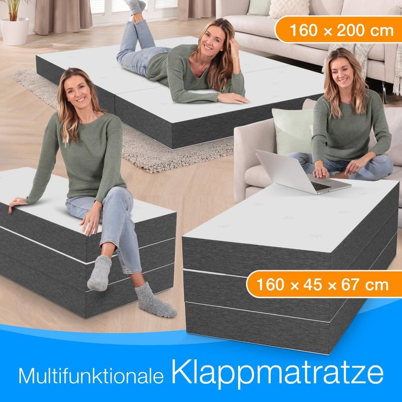 Premium Klappmatratze 160x200 cm, 15 cm hoch, Faltmatratze für Gäste