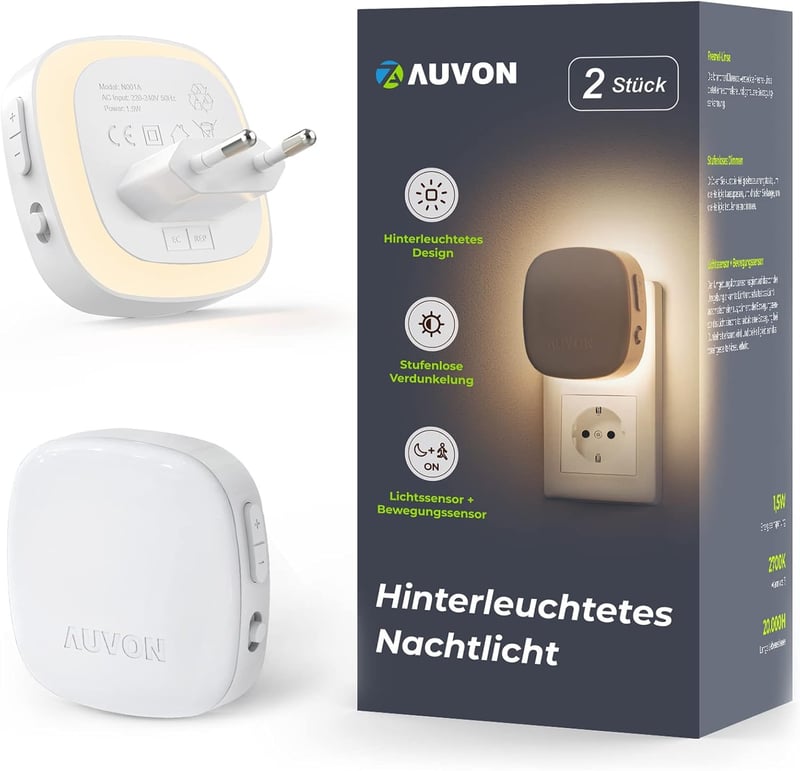 AUVON Nachtlicht mit Bewegungssensor, 2er Set, warmweiß, dimmbar