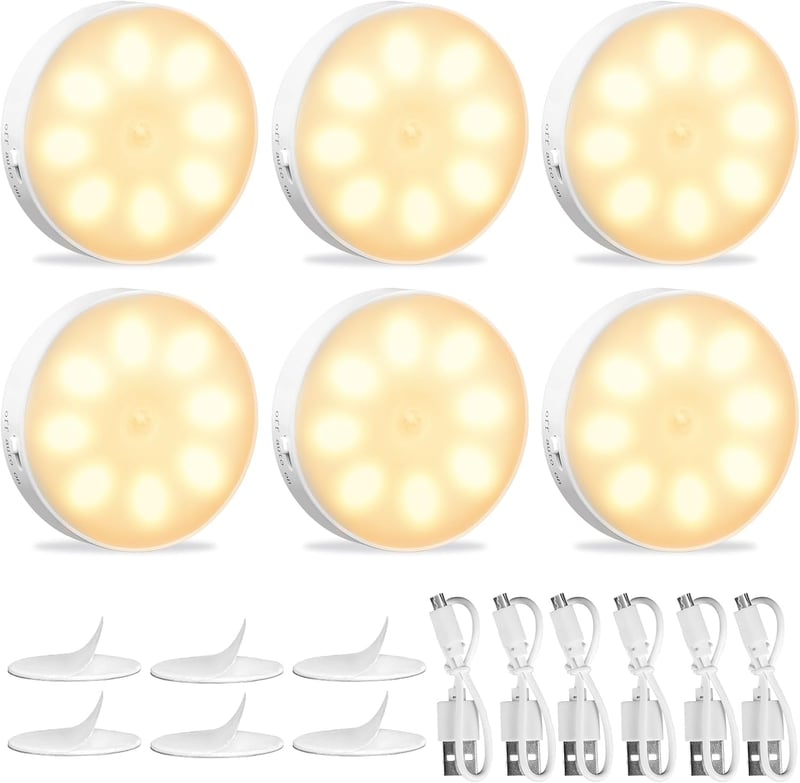 LED Nachtlichter mit Bewegungsmelder, 6 Stück, USB Wiederaufladbar