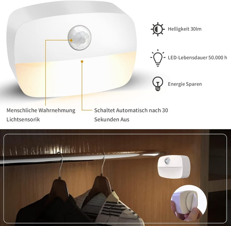 AmmToo LED Nachtlicht mit Bewegungsmelder – 4er Set für Treppen und Flure