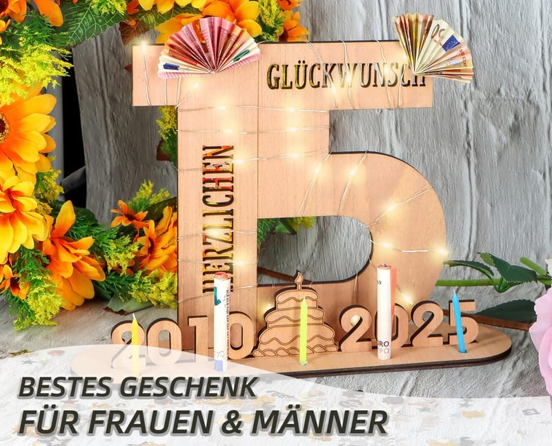 Personalisierbares Geschenk zum 15. Geburtstag mit Holzschild und LED-Lichterkette