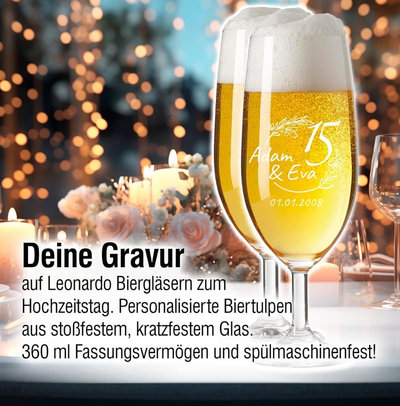 Personalisierte Biergläser zur 15. Hochzeitstag-Gravur