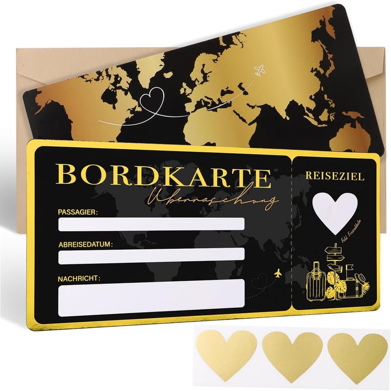 Reisegutschein Geschenkverpackung Schwarz-Gold mit Rubbelaufkleber