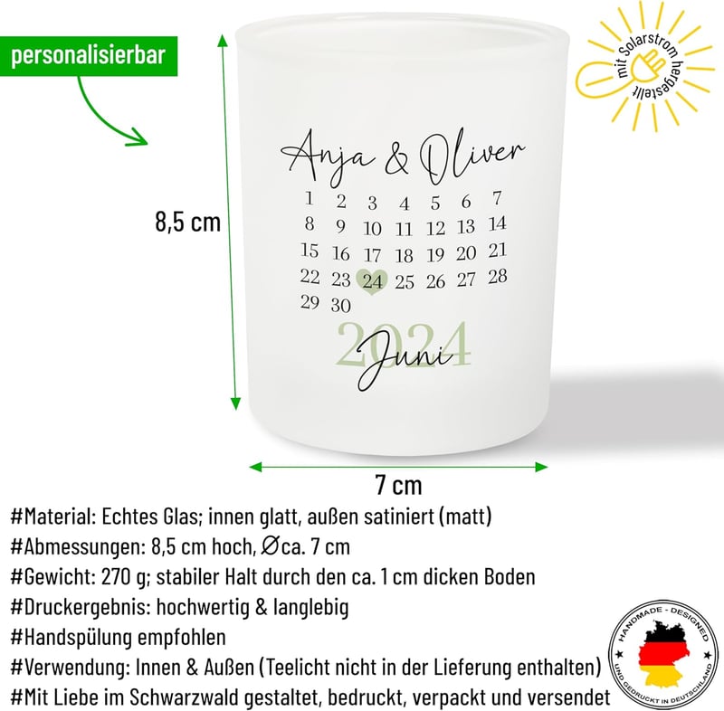 Personalisierte Teelichtglas für Jahrestag mit Wunschdatum und Namen
