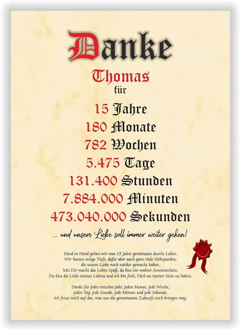 15. Hochzeitstag Kunstdruck für Paare – Dankesurkunde