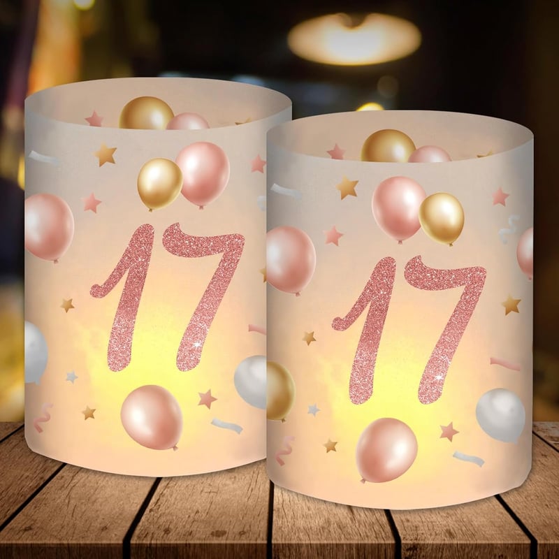 Tischdeko zum 17. Geburtstag für Mädchen in Roségold, geeignet für Teelichter.