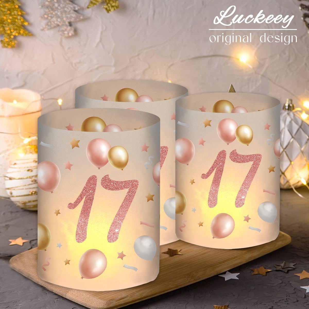 Tischdeko zum 17. Geburtstag für Mädchen in Roségold, geeignet für Teelichter.