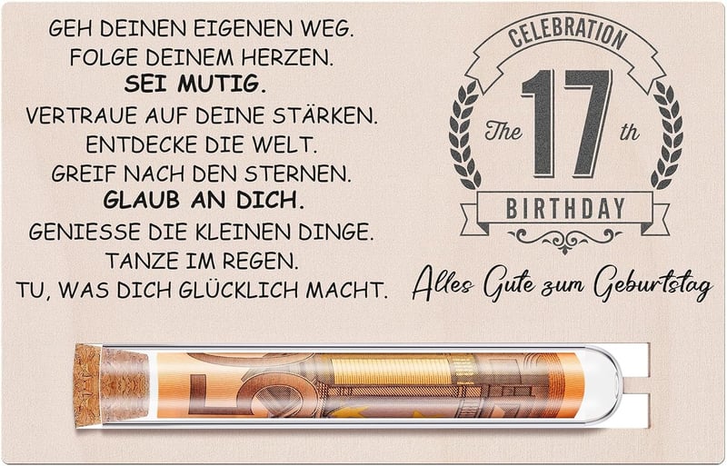 Geschenkset zum 17. Geburtstag für Mädchen und Jungen – Holzkarte & Reagenzglas für Geldgeschenke