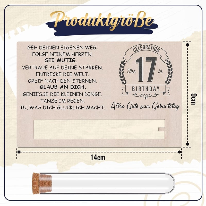 Geschenkset zum 17. Geburtstag für Mädchen und Jungen – Holzkarte & Reagenzglas für Geldgeschenke