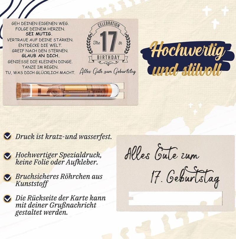 Geschenkset zum 17. Geburtstag für Mädchen und Jungen – Holzkarte & Reagenzglas für Geldgeschenke