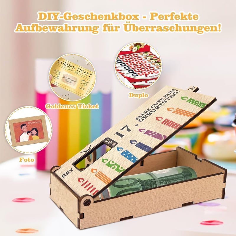 Personalisierte Geldgeschenkverpackung aus Holz zum 17. Geburtstag
