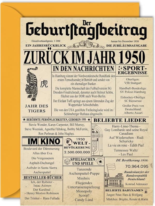 75. Geburtstag Glückwunschkarte Vintage Zeitung 1950 für Paare