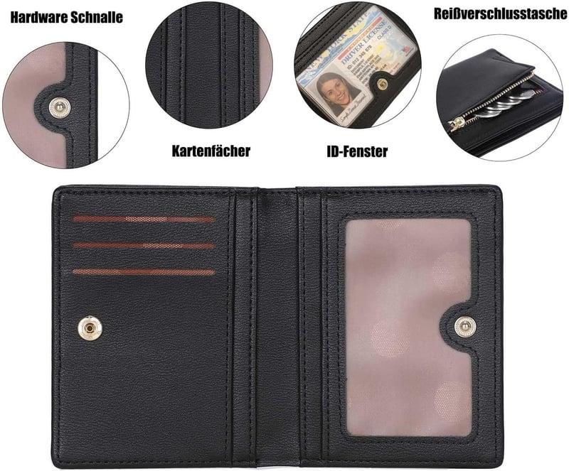 Kleine schwarze Leder-Geldbörse für Damen mit Münzfach