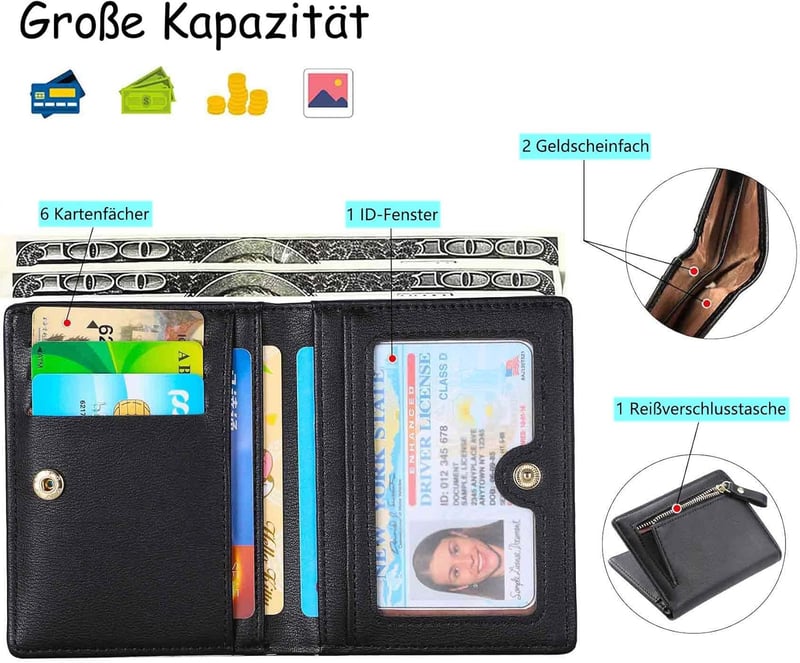 Kleine schwarze Leder-Geldbörse für Damen mit Münzfach
