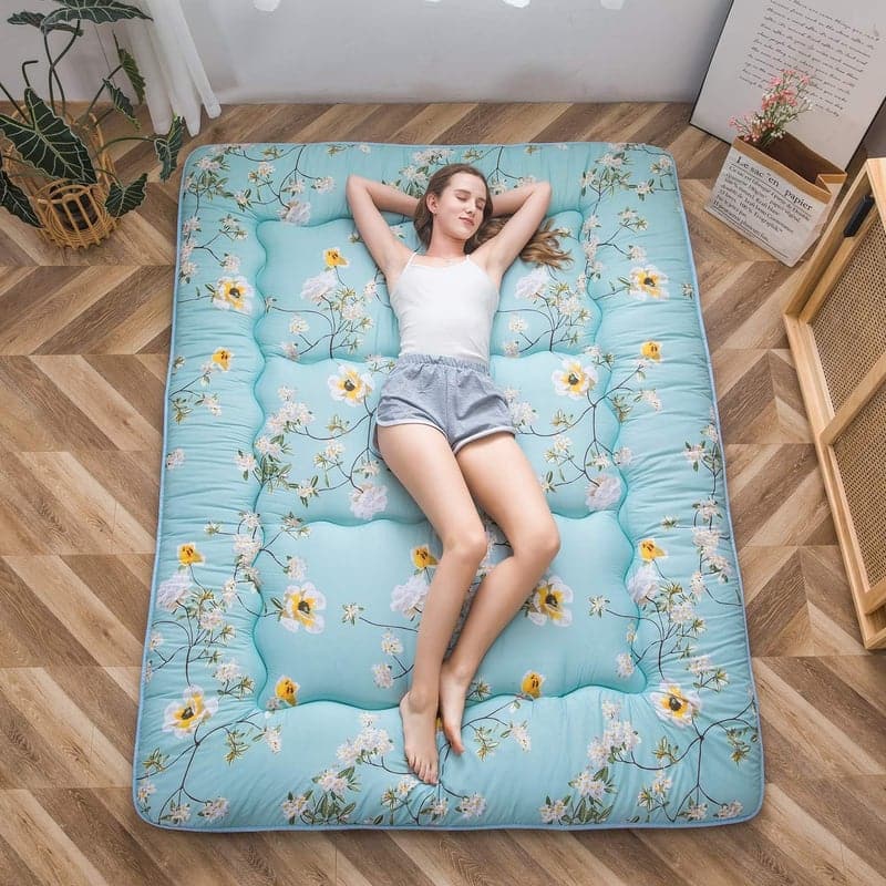MAXYOYO Faltbare Japanische Futonmatratze 90x200 cm – Tatami Matte (Grün Floral)
