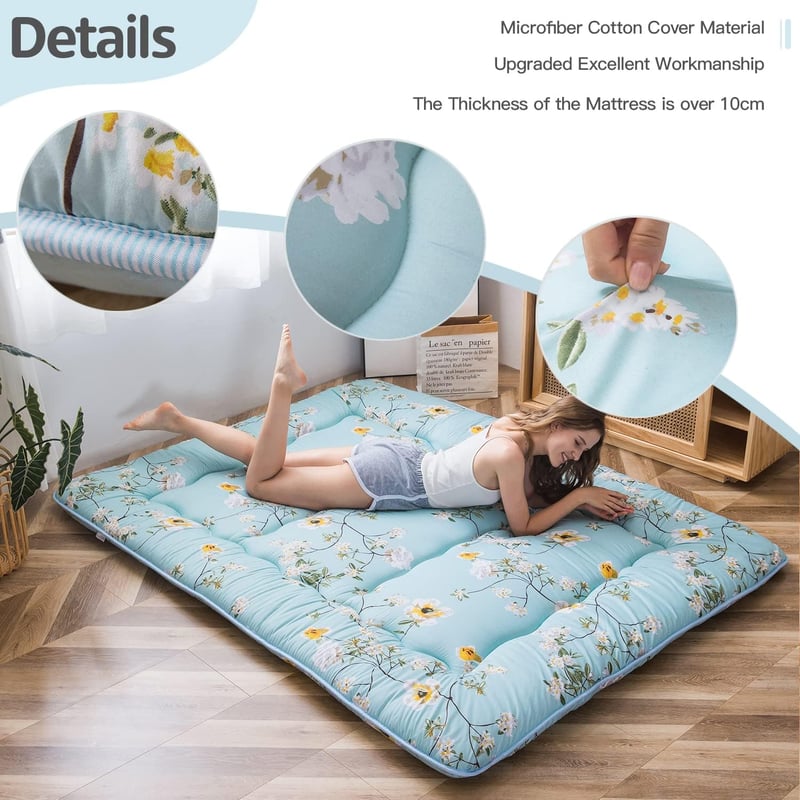 MAXYOYO Faltbare Japanische Futonmatratze 90x200 cm – Tatami Matte (Grün Floral)