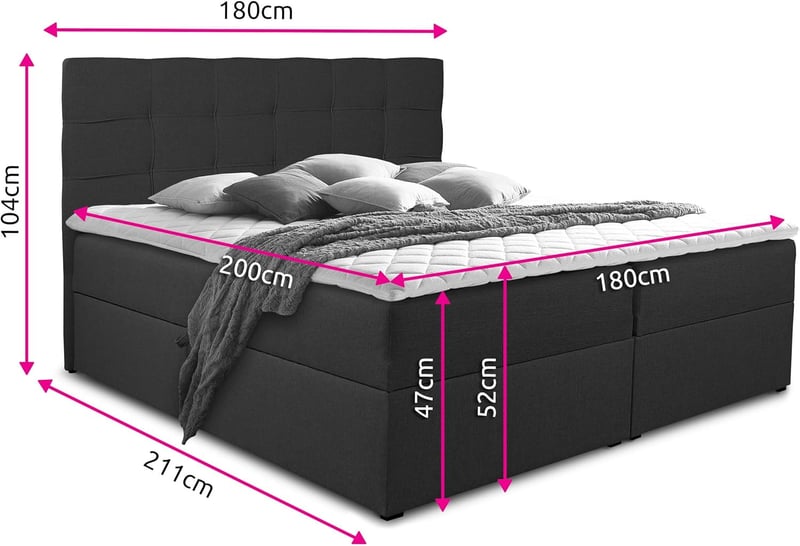 Boxspringbett mit 2 Bettkästen und Bonell-Matratze, 180 x 200 cm, Pink