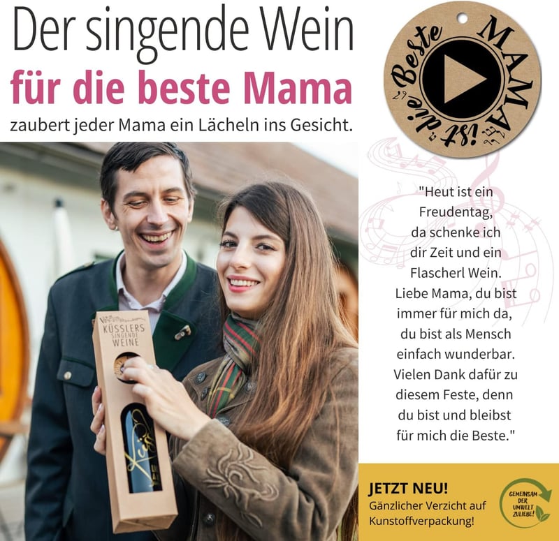 Singender Wein für Mama – Weißwein Cuvée mit individuellem Song im Geschenkkarton