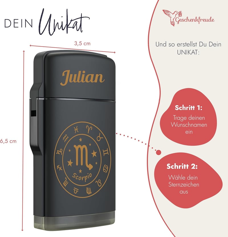 Personalisierbares Sturmfeuerzeug mit Namen & Sternzeichen – Perfektes Geschenk für Paare