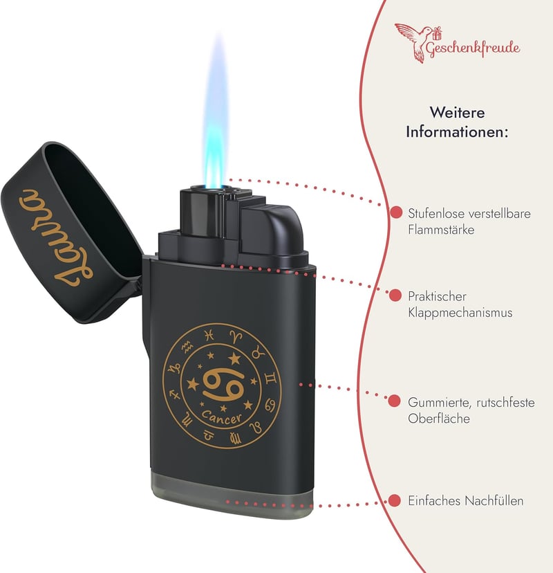 Personalisierbares Sturmfeuerzeug mit Namen & Sternzeichen – Perfektes Geschenk für Paare