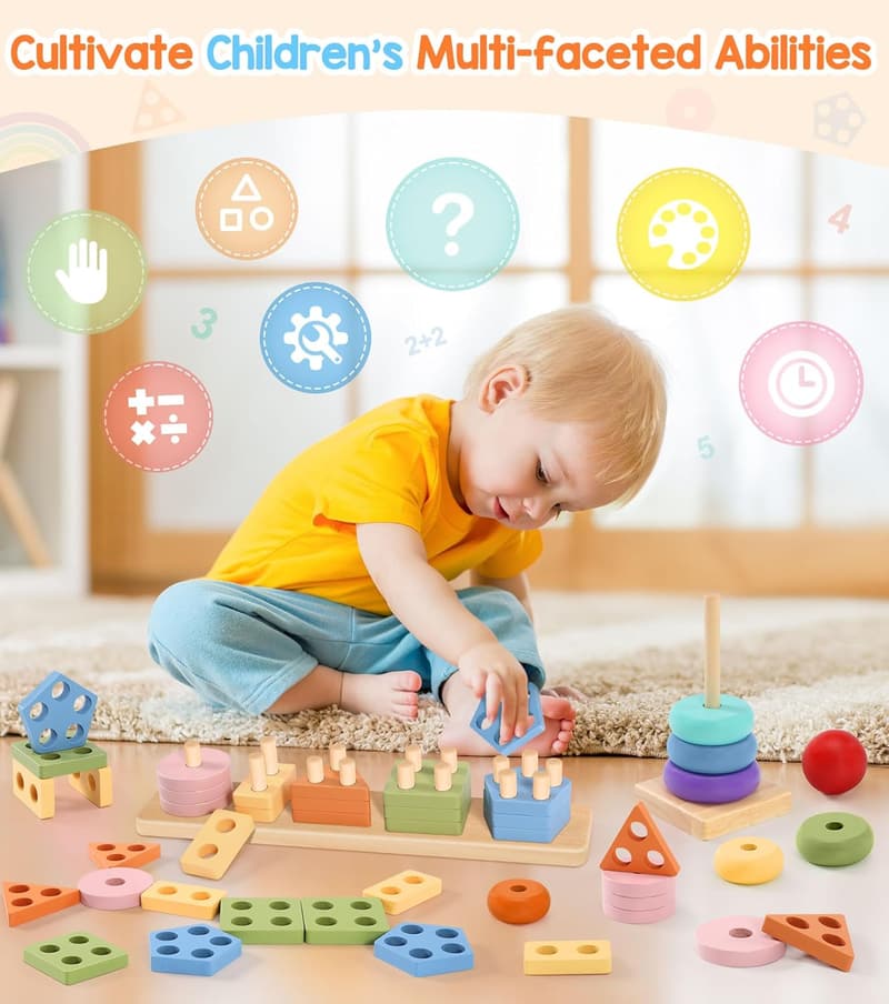 Montessori Spielzeug aus Holz für Babys ab 1 Jahr – Motorik- und Stapelturm
