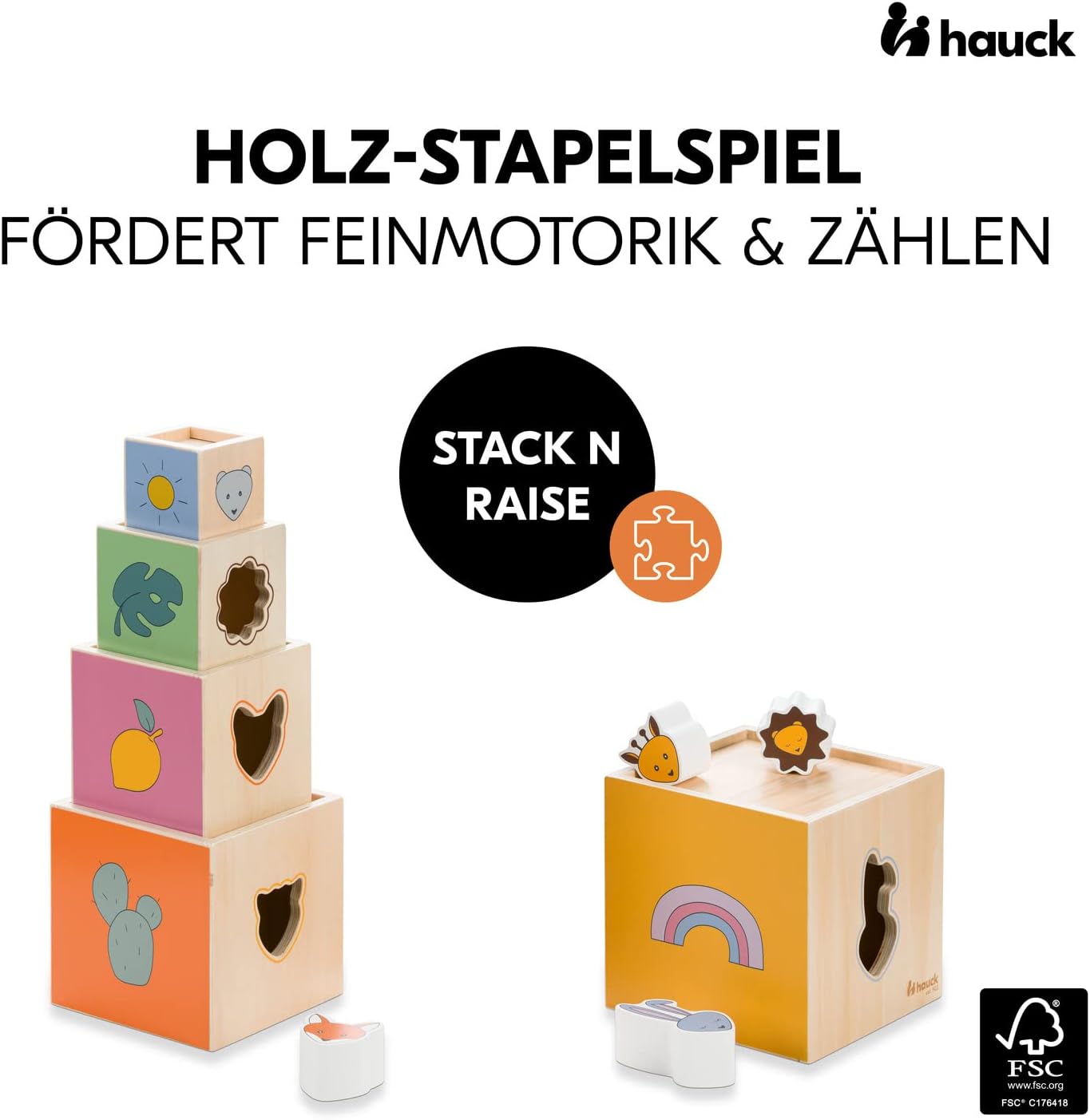 Hauck Stapelturm aus Holz – Motorikspielzeug ab 1 Jahr, lernspiel zum Zählen und Farben erkennen